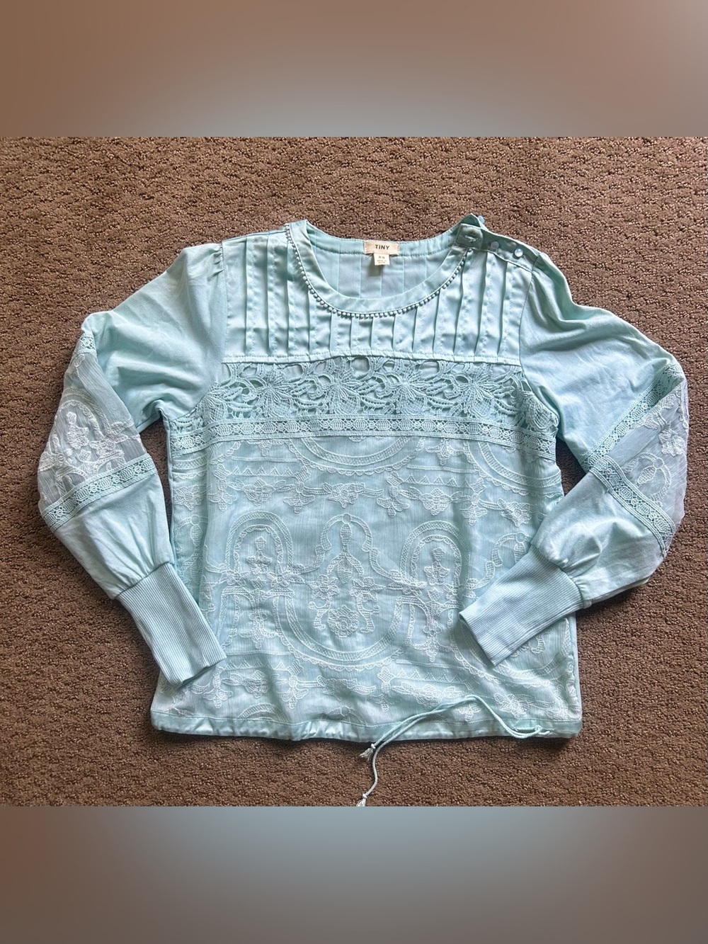 Anthropologie Tiny XS light seafoam Lace Crochet Boho Peasant Blouse Cottagecore